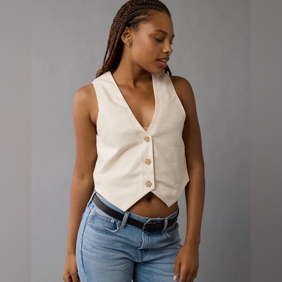American Eagle Outfitters Tops - American Eagle Linen-Blend Button Vest Top Beige Size M Style 1383-3500
